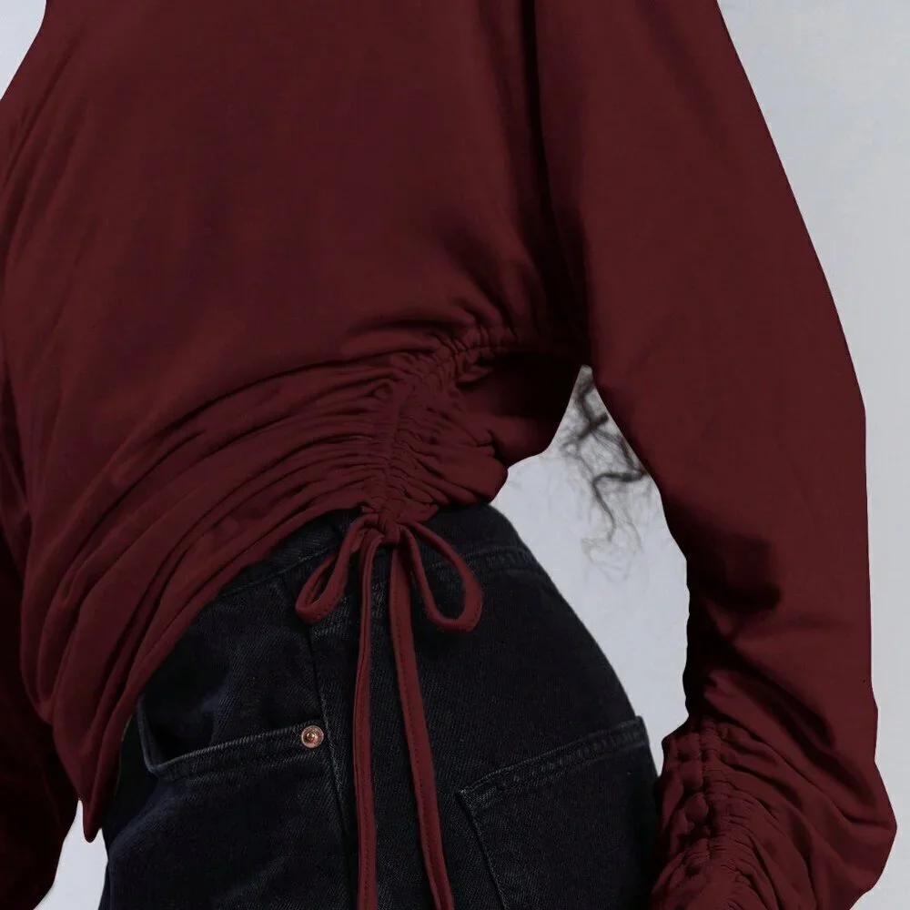 burgundy Casual Women's Asymmetric Collar Drawstring Top